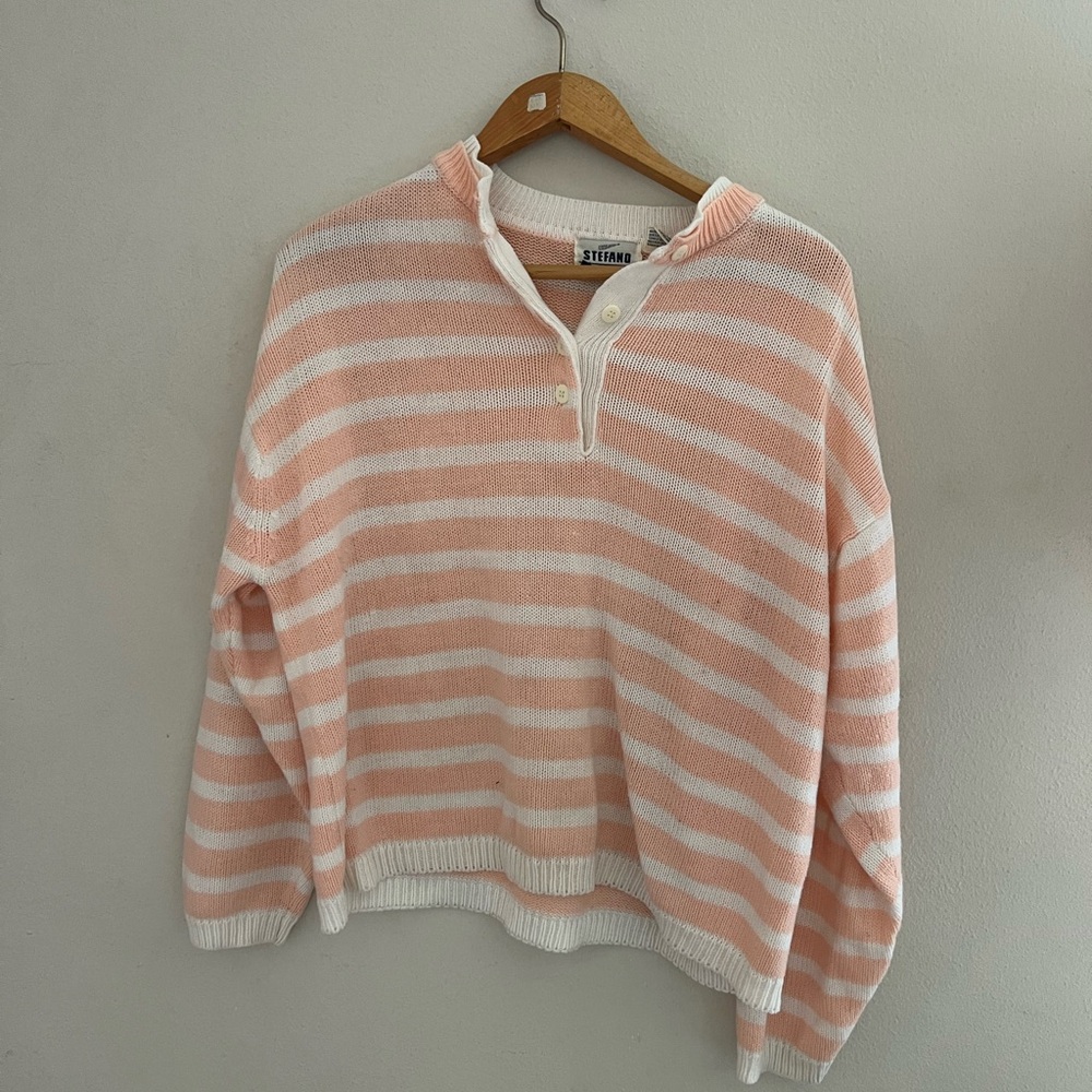 Vintage Stefano Pink and White Crew Neck Sweater